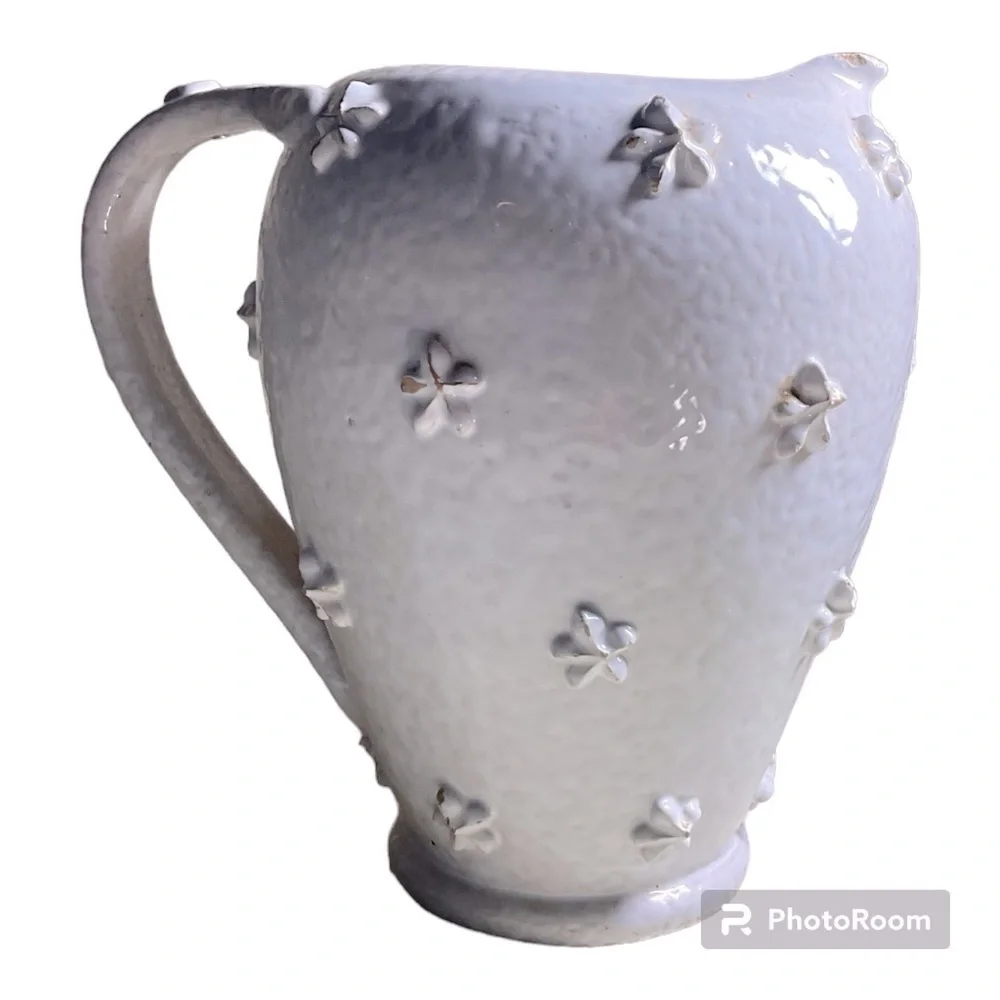 Vintage Handmade White Ceramic Pitcher Floral Cottagecore Vase